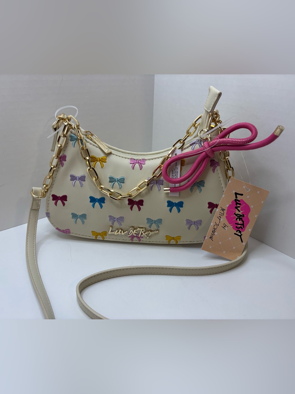 Luv Betsey Johnson cream Bow-Print Shoulder Bag with Gold Chain